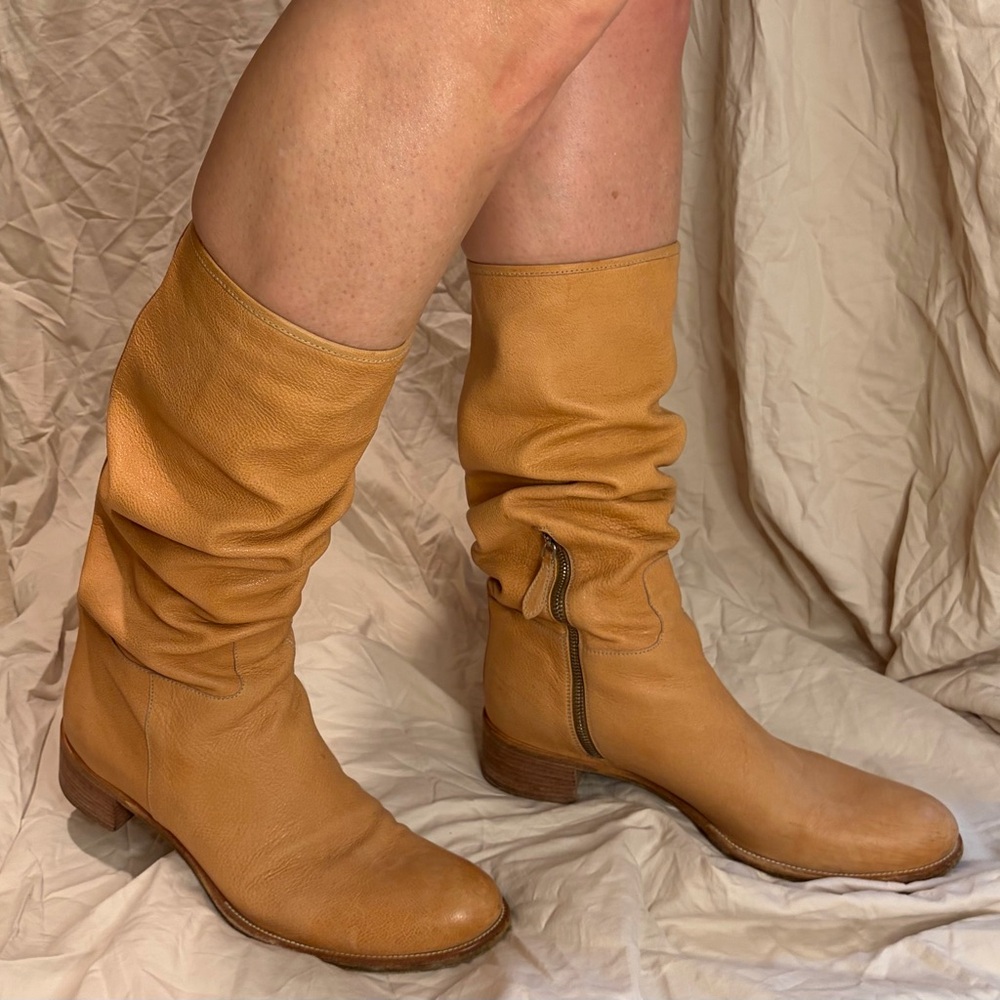Prada Vintage Slouch Leather Mid-Calf Boots Camel Tan Made in Italy Size 41 / 10 - Picture 5 of 9